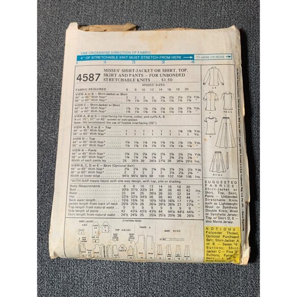 Vintage McCalls 4587 Sewing Pattern Misses Shirt Jacket Skirt Pant Size 12-14-16 - Picture 2 of 2